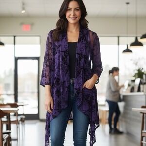 Aria A Purple Velvet Floral Burnout Sheer Kimono Cardigan Burnout Silk Blend XL
